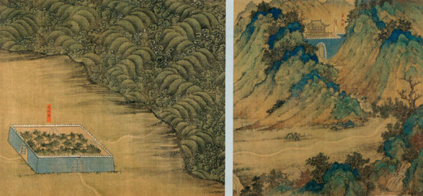 《蒙古山水地图》手卷局部，从右至左：首，嘉峪关；尾，“戎地面”。从地理位置看，“戎地面”似指埃及古港口——贝勒尼斯，与天方国古港口“秩达”（今沙特阿拉伯吉大港）隔红海相望。